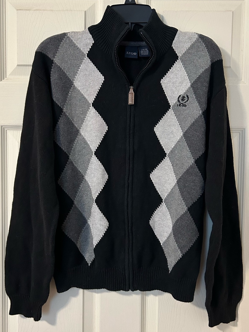 Izod Boys 100% Cotton Black Sweater Top with Gray Argyle Zip-Up L 14 16